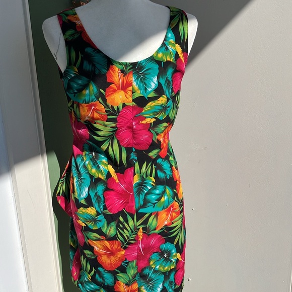 Vintage 80s 90s  Tropical Floral Faux Wrap Dress - Picture 5 of 6